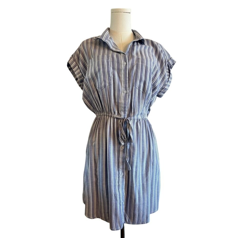 Blue Stripe Button Front Shirt Dress Coastal Chic Old Money European Summer‎ Med